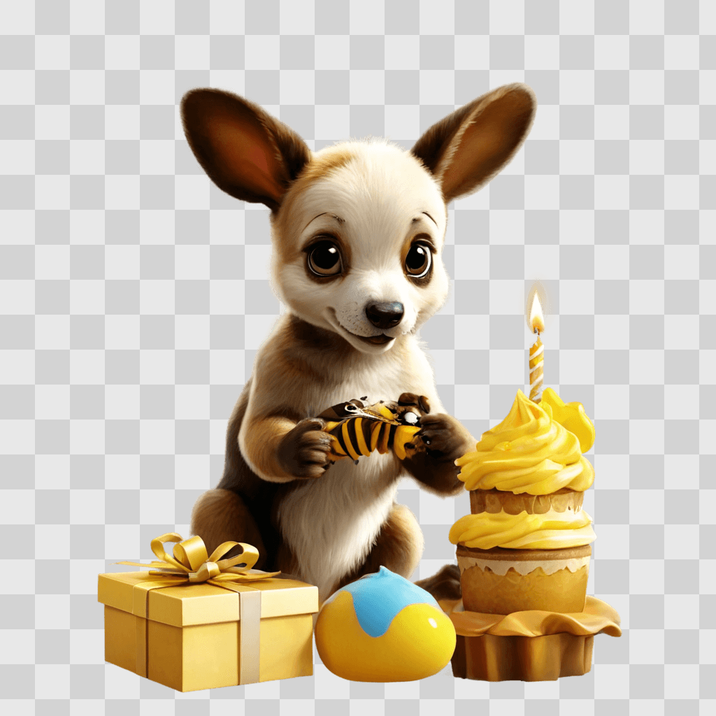 birthday clip art A cartoon dog plays with a birthday cake and a toy bee