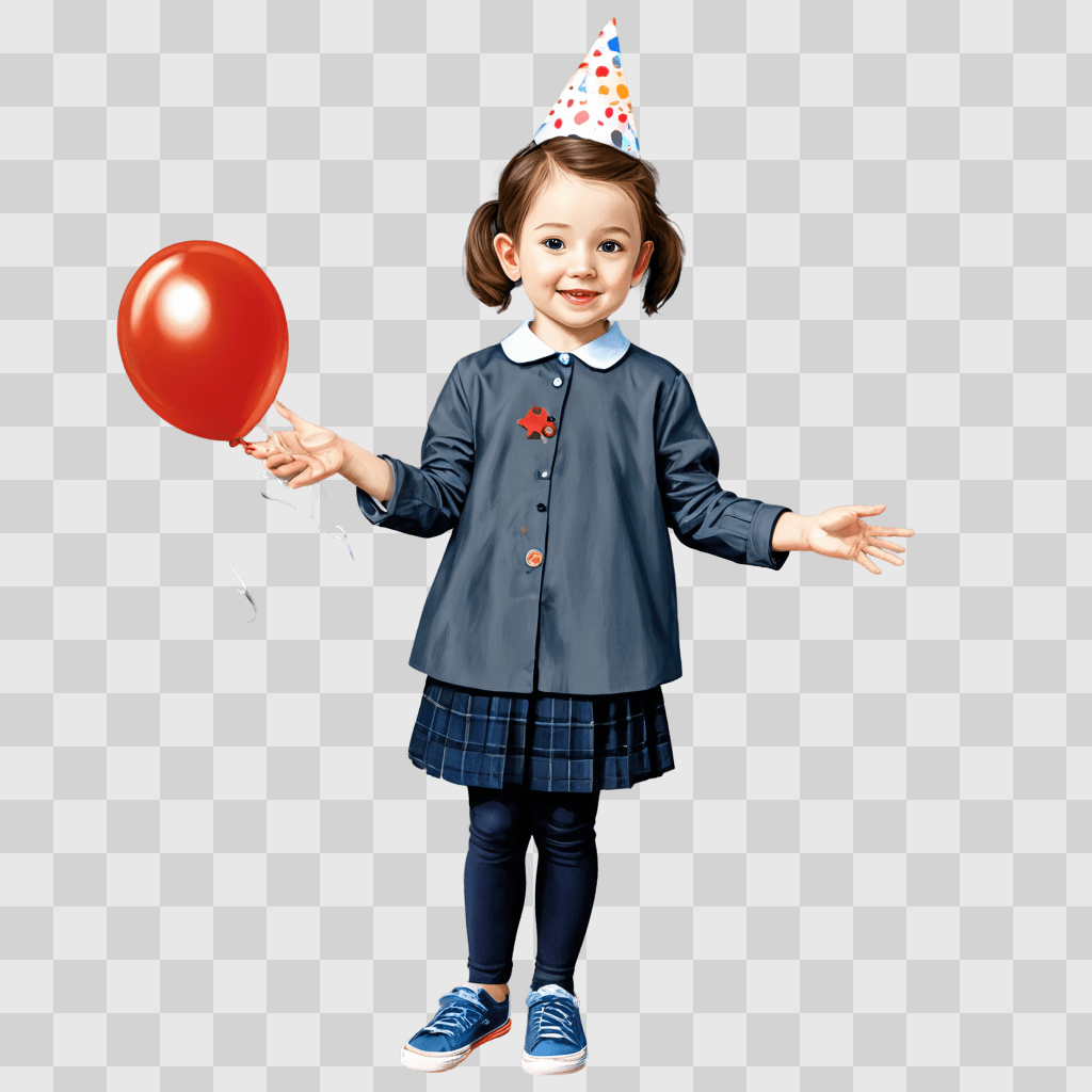 birthday clip art A girl with a party hat holds a red balloon