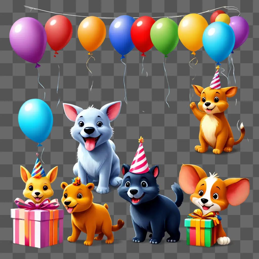 birthday clip art A group of cartoon dogs wearing party hats and holding presents