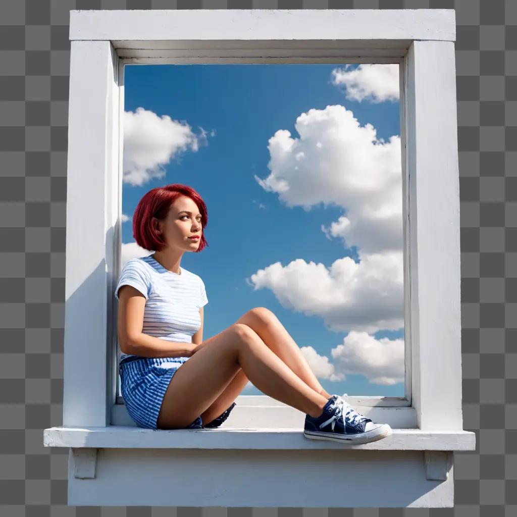 birthday clip art A woman with red hair sits in a window sill