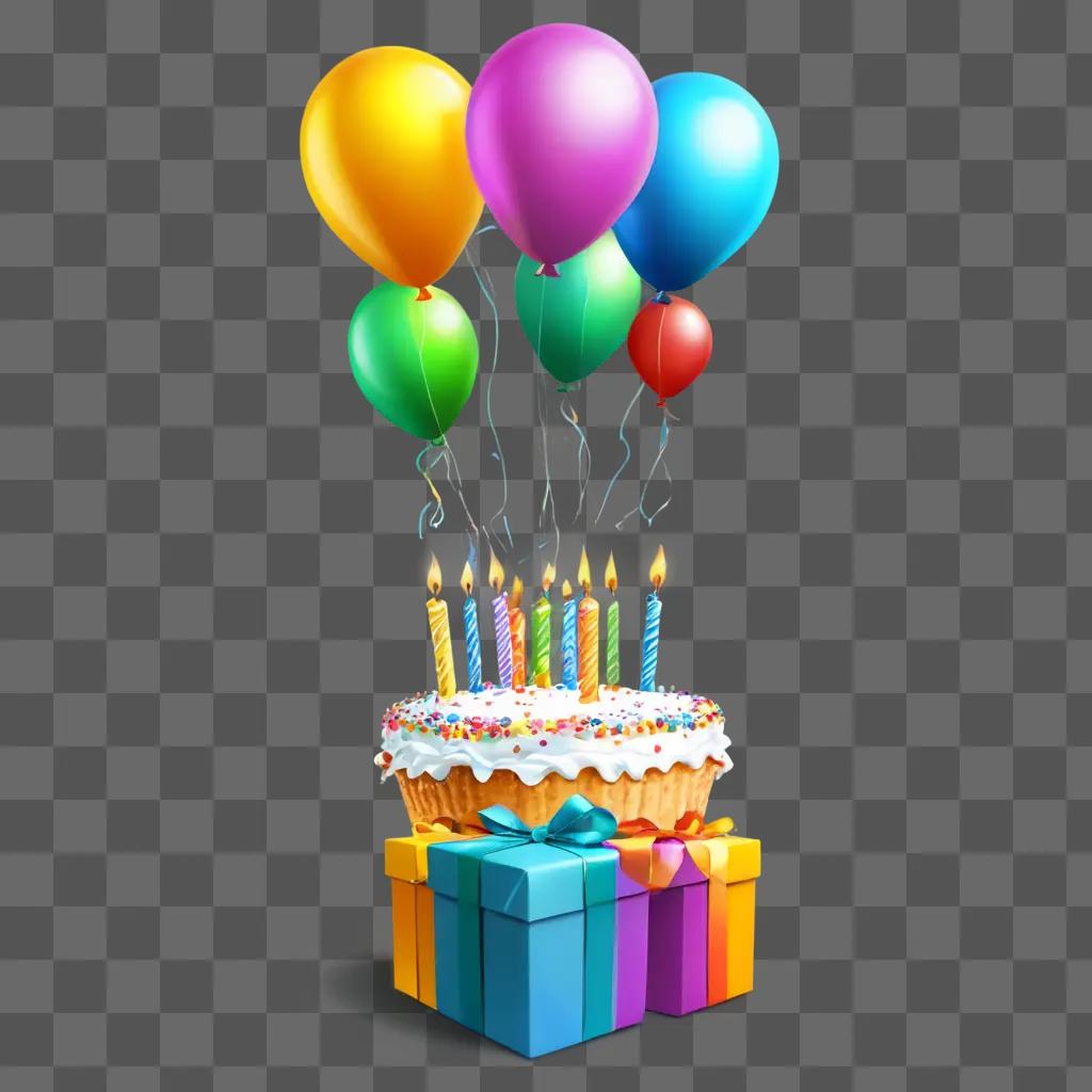 birthday clip art Birthday cake with lit candles and colorful balloons