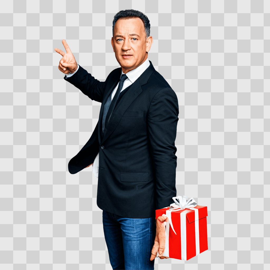 birthday clip art Tom Hanks poses with a red gift box