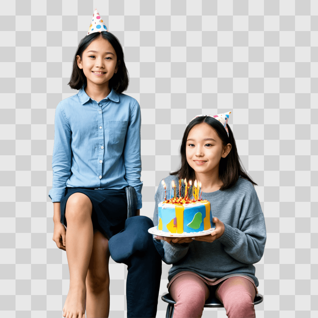 birthday clip art Two girls with birthday cakes and party hats