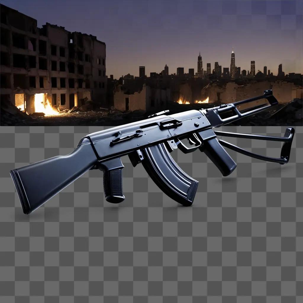 black AK47 rifle on a cityscape