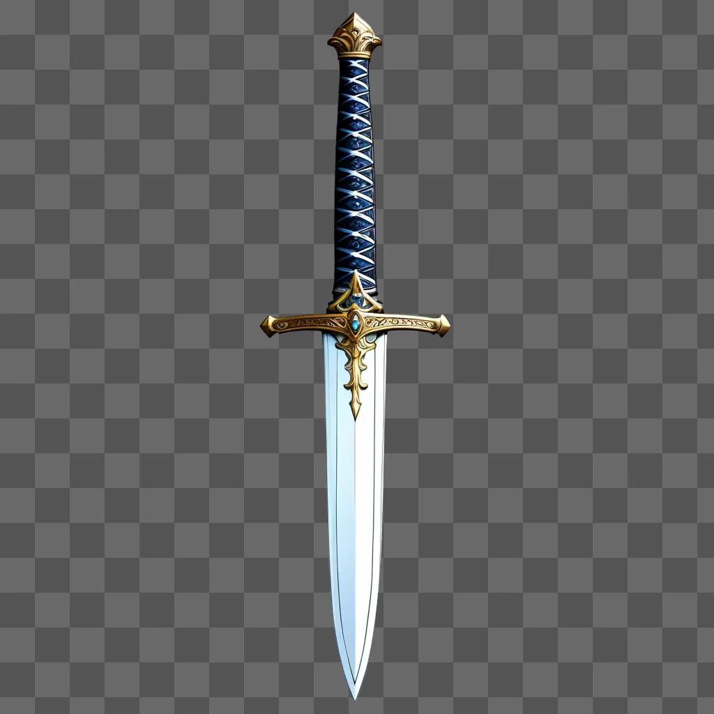 black and gold sword with blue and white accents