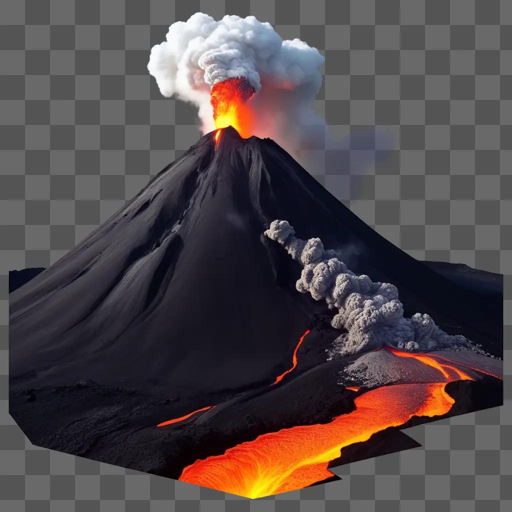 black and orange lava flow erupting from a volcano