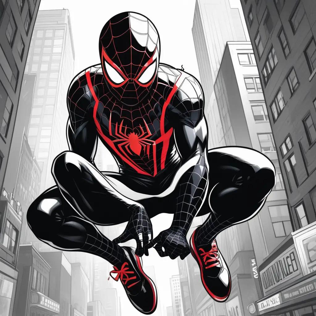 black and red Spider-Man coloring page in a cityscape