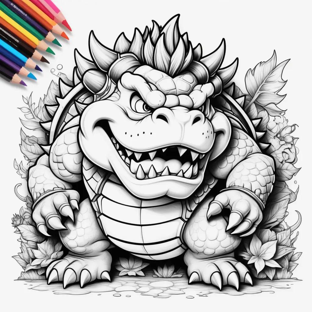 black and white Bowser coloring page with a bunch of colors