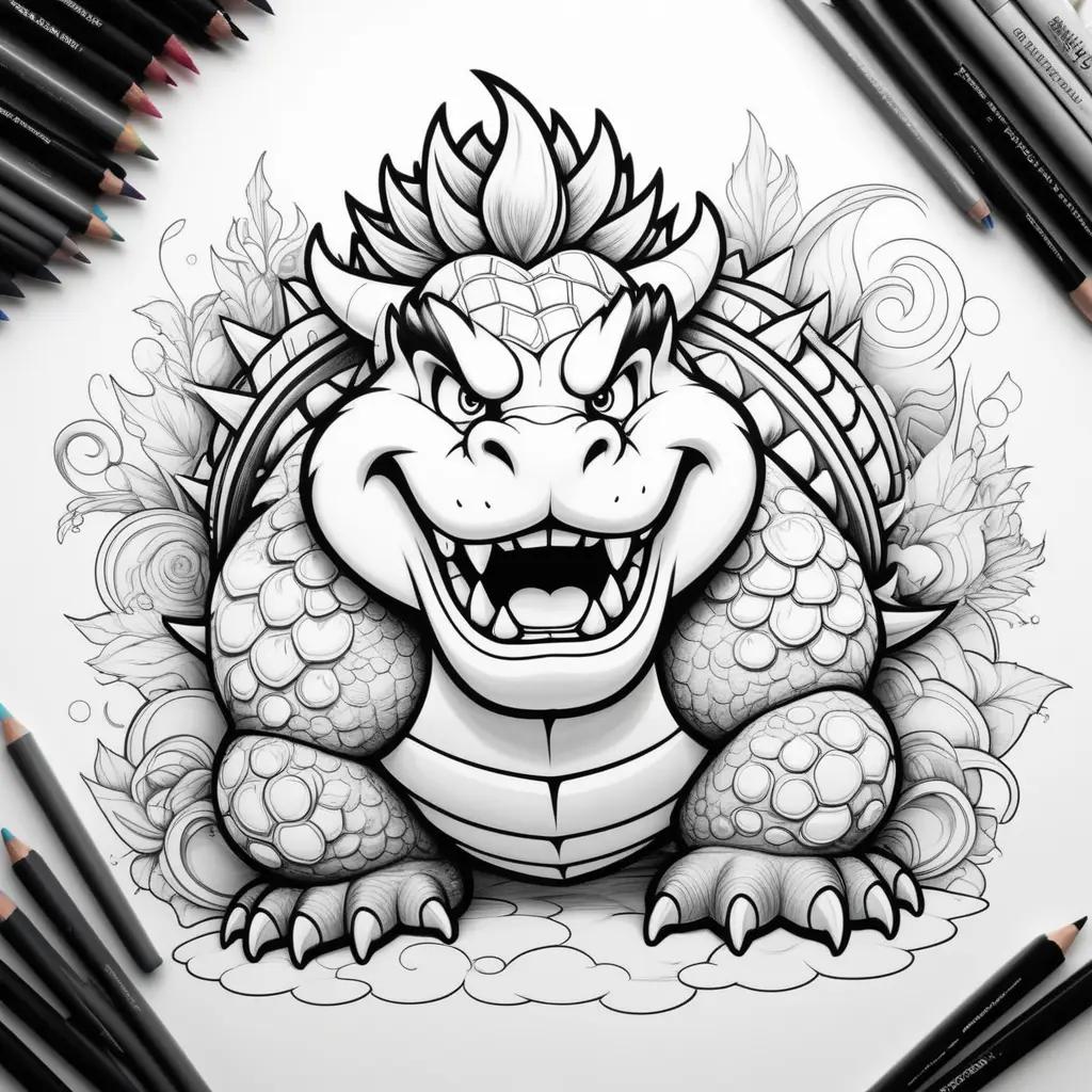 black and white Bowser coloring page with colored pencils