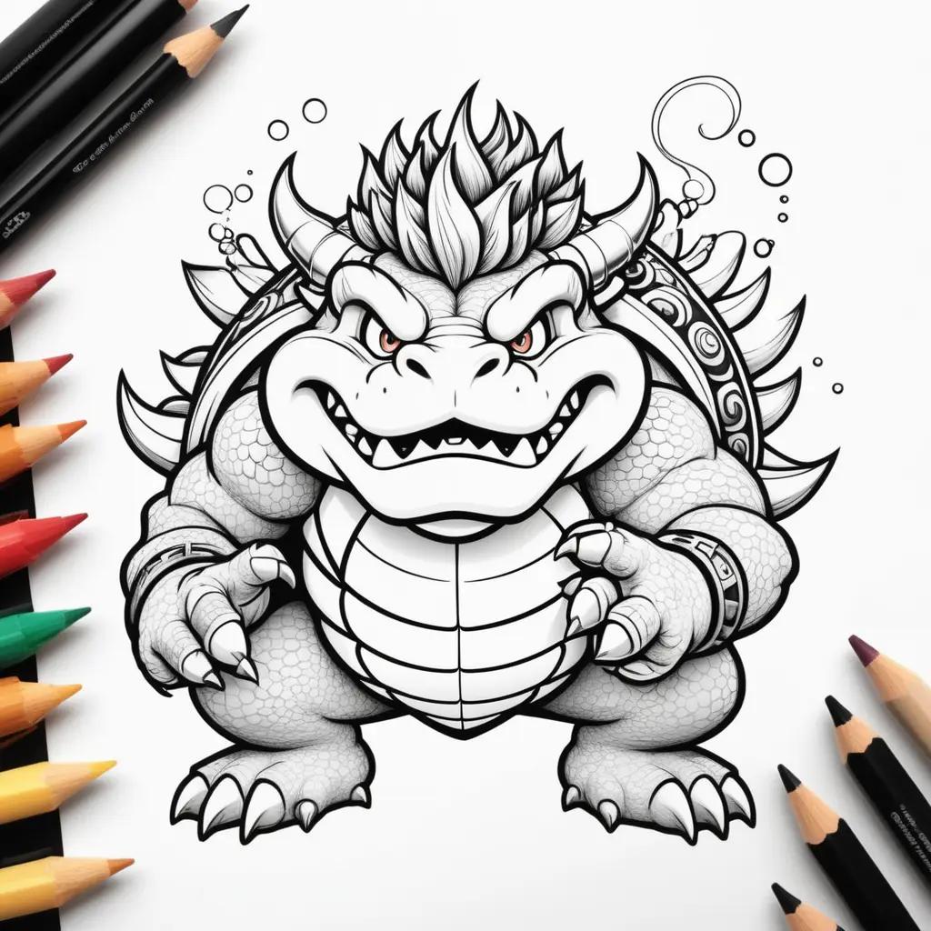 black and white Bowser coloring page with pencils