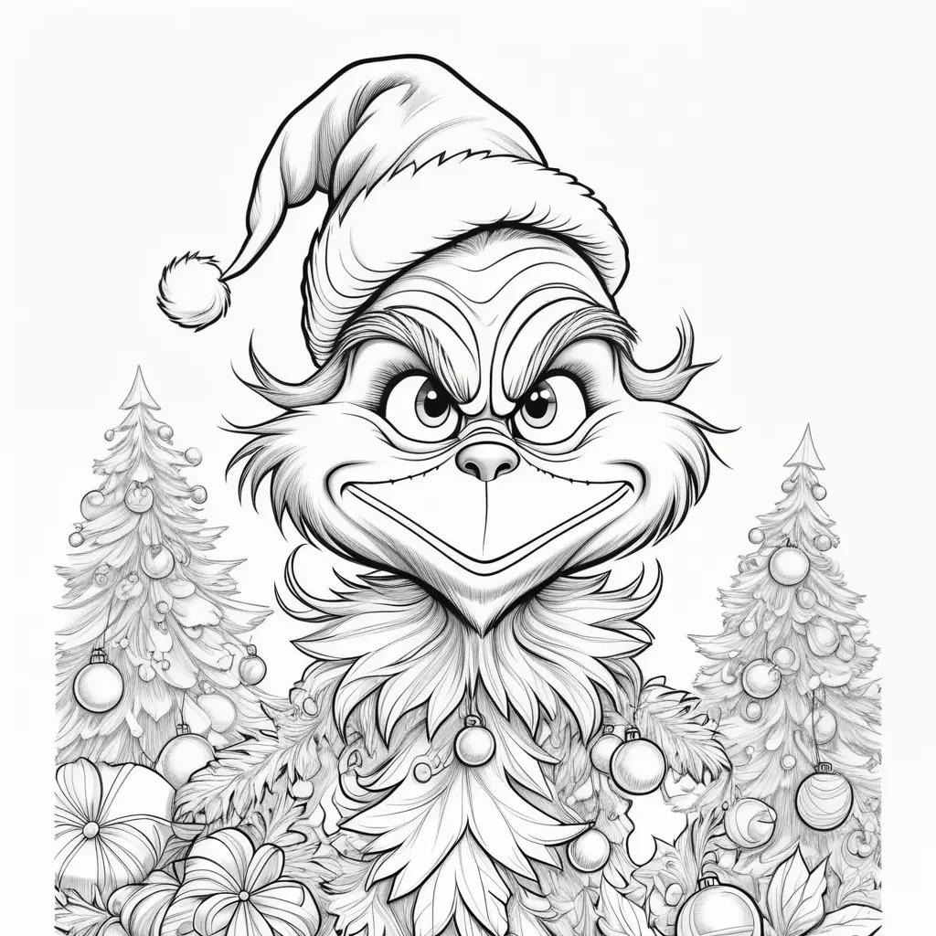 black and white Christmas Grinch coloring page with Christmas trees