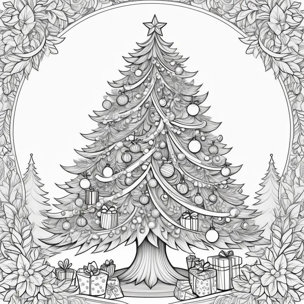 black and white Christmas tree coloring page with ornaments