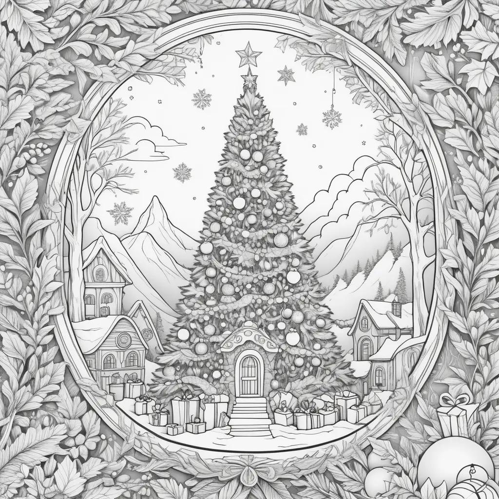 black and white Christmas tree coloring page with presents