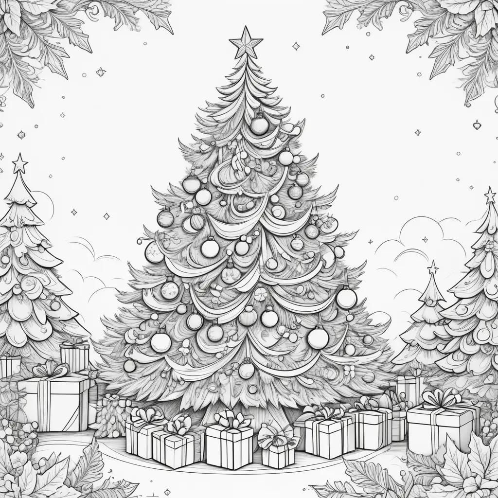 black and white Christmas tree coloring page with presents and stars