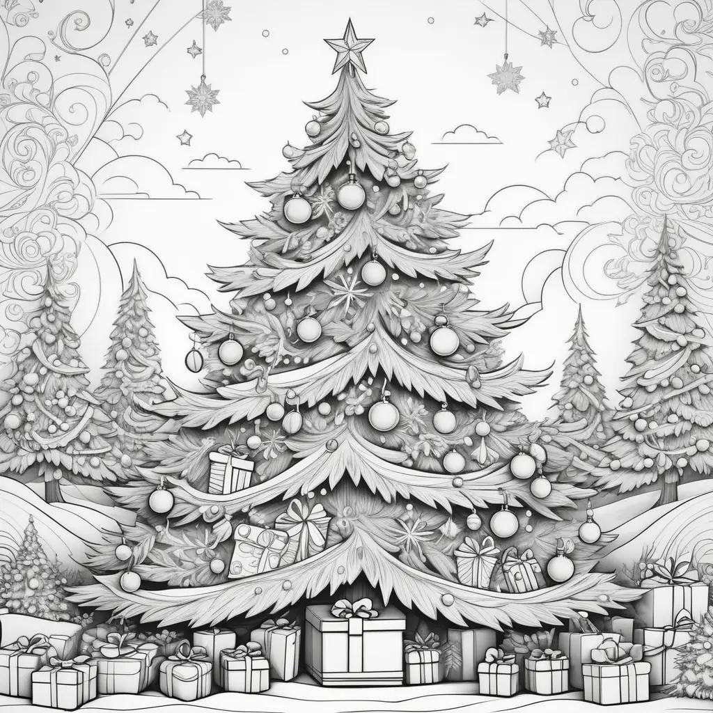 black and white Christmas tree surrounded by presents