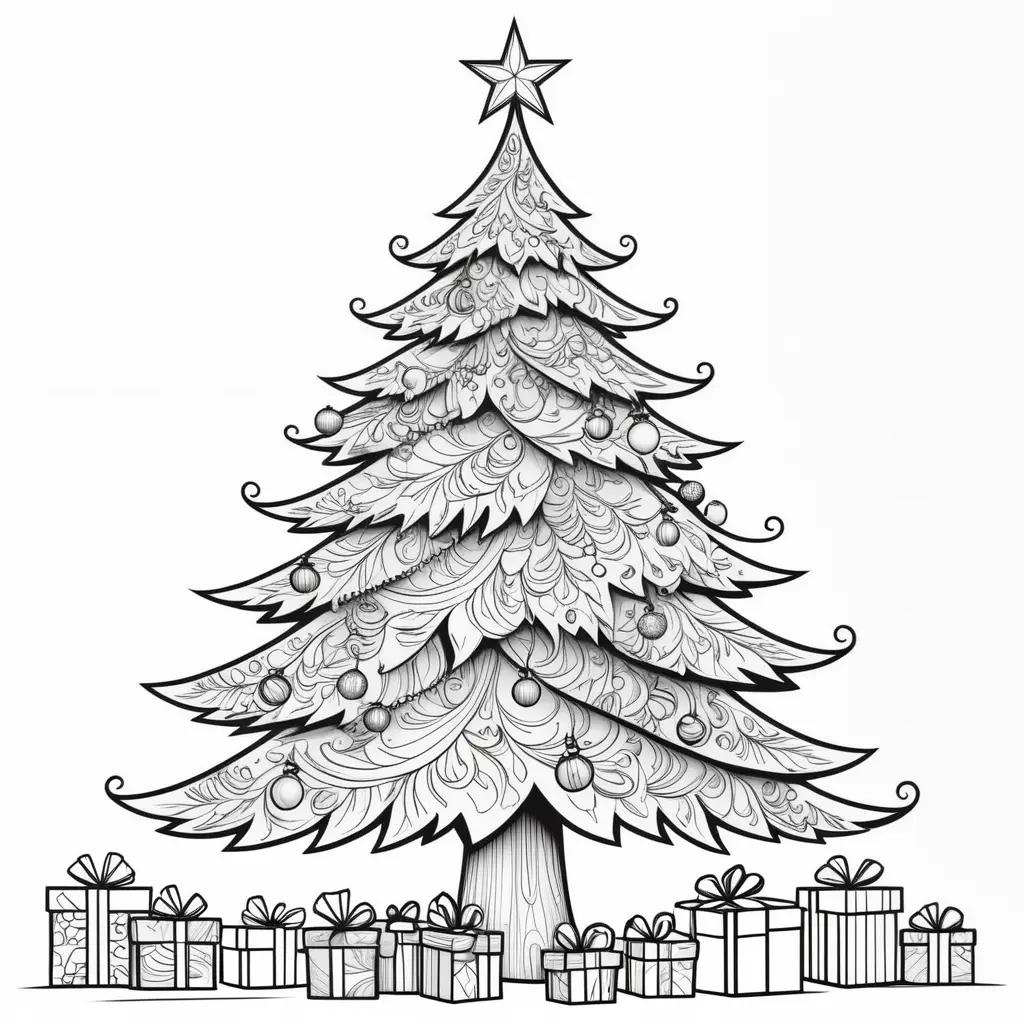 black and white Christmas tree with gifts in a coloring book