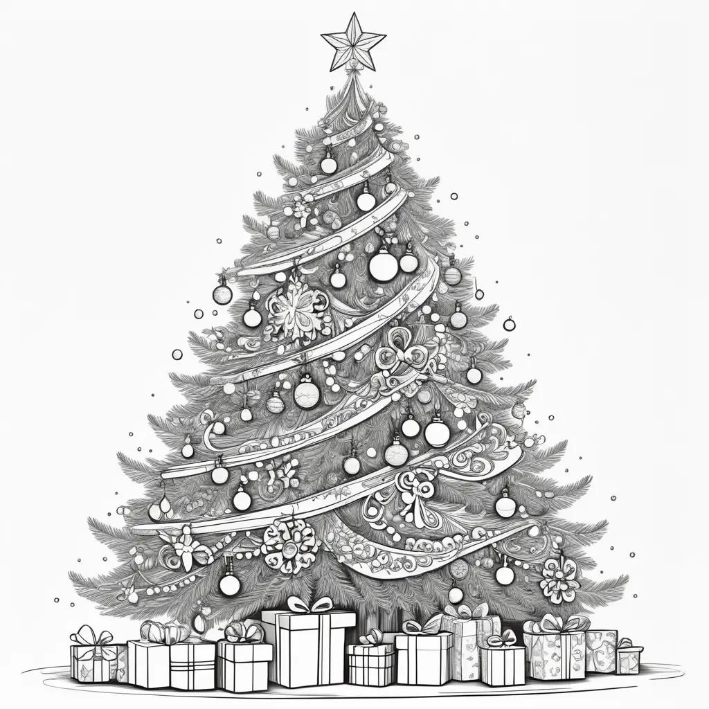 black and white Christmas tree with gifts underneath