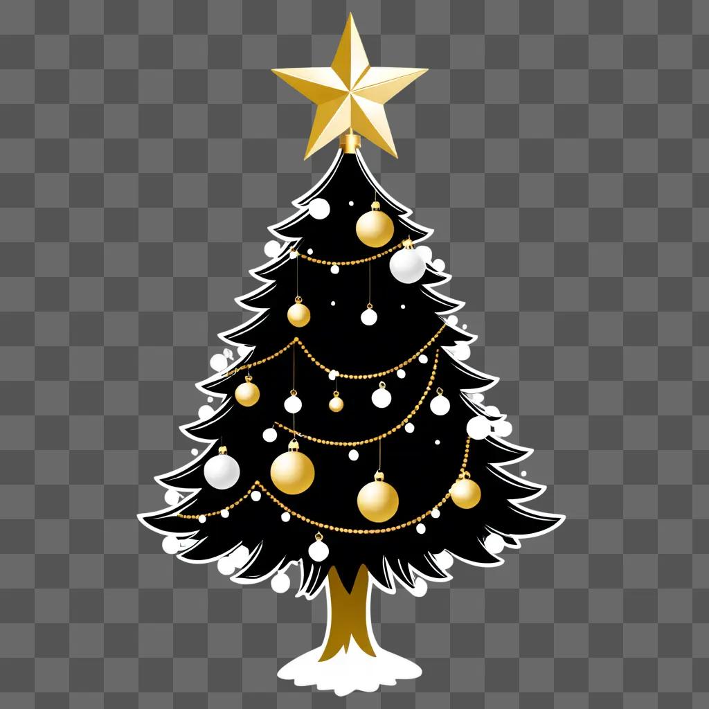 black and white Christmas tree with gold ornaments and a star