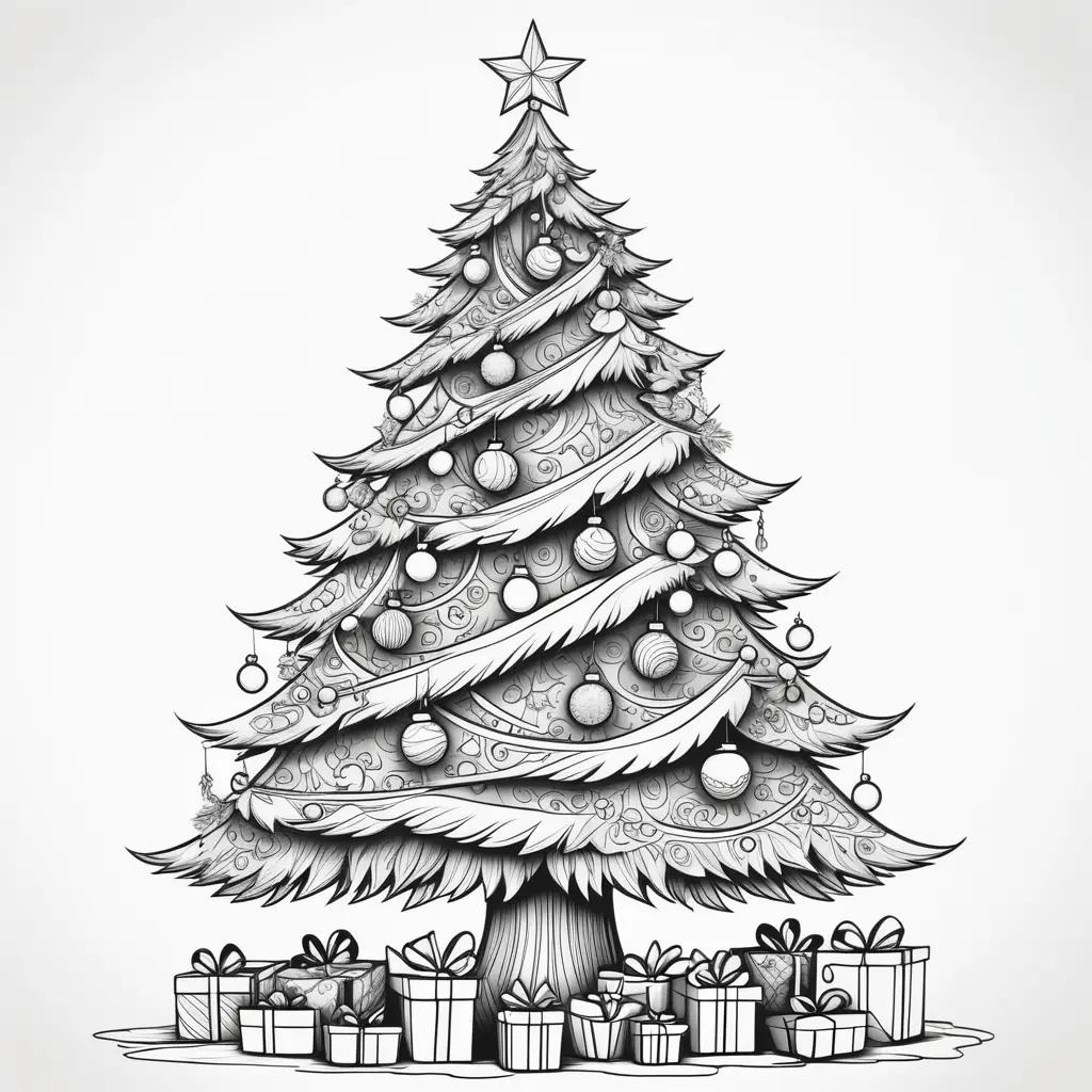 black and white Christmas tree with ornaments and gifts