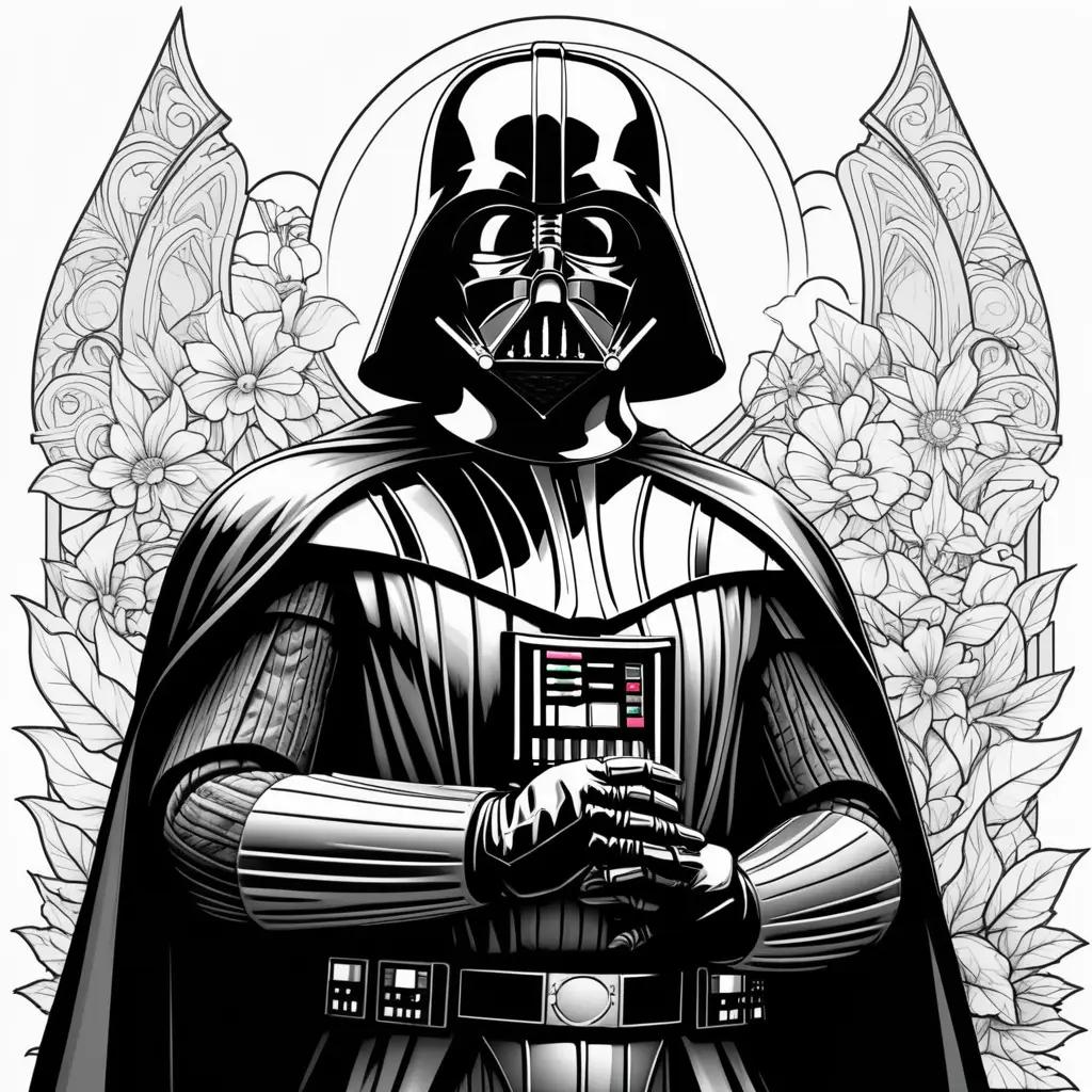 black and white Darth Vader coloring page with flowers