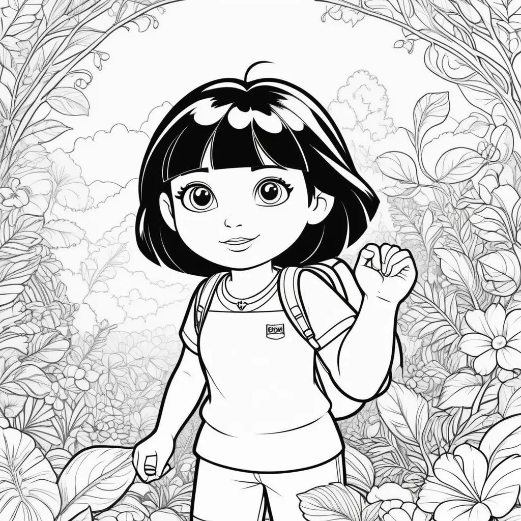 black and white Dora cartoon coloring page with a girl holding a backpack