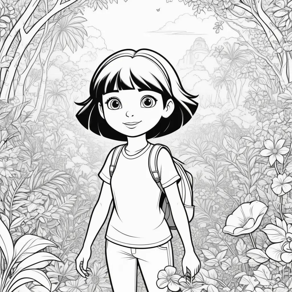 black and white Dora color page with a girl and flowers