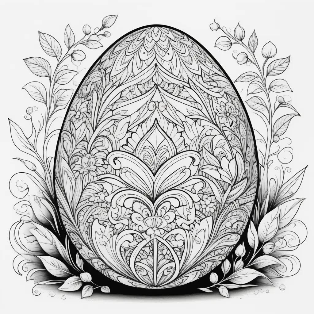 black and white Easter egg coloring page with floral designs