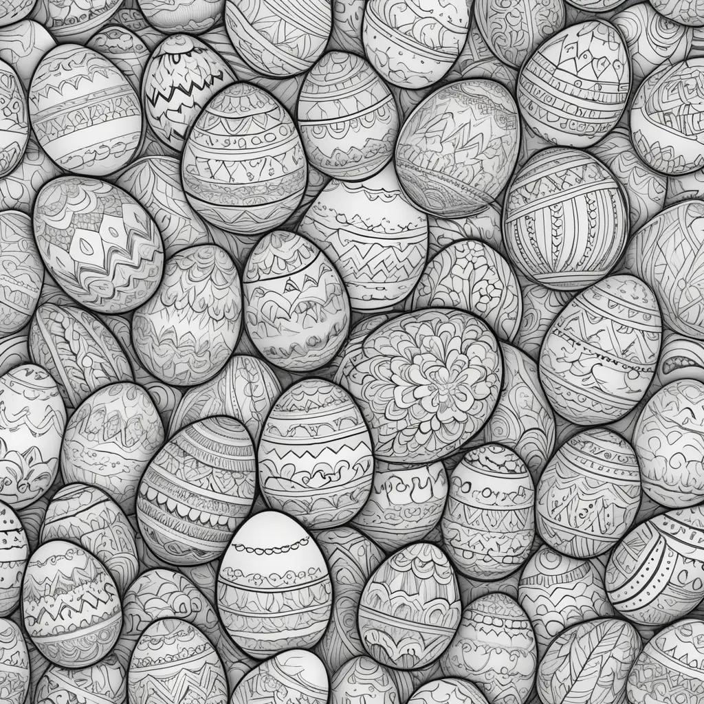 black and white Easter eggs coloring page with a variety of designs