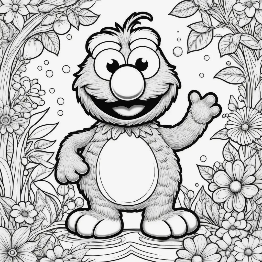 black and white Elmo coloring page with flowers in the background