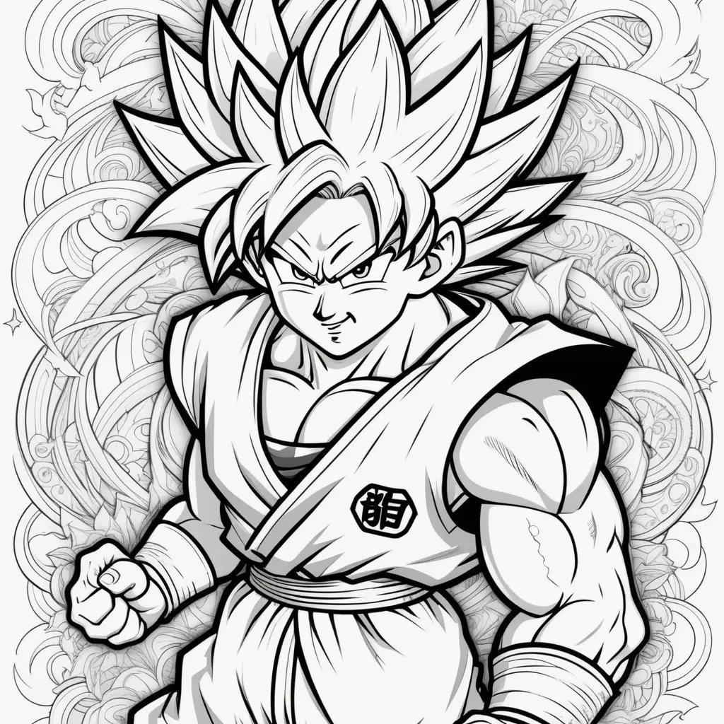 black and white Goku coloring page with stars around him