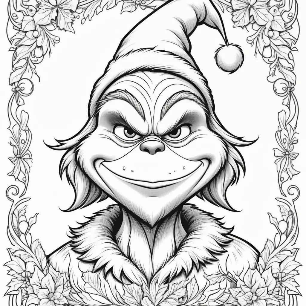 black and white Grinch coloring page with Christmas decorations