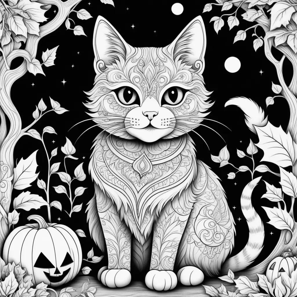 black and white Halloween cat coloring page with a pumpkin and stars