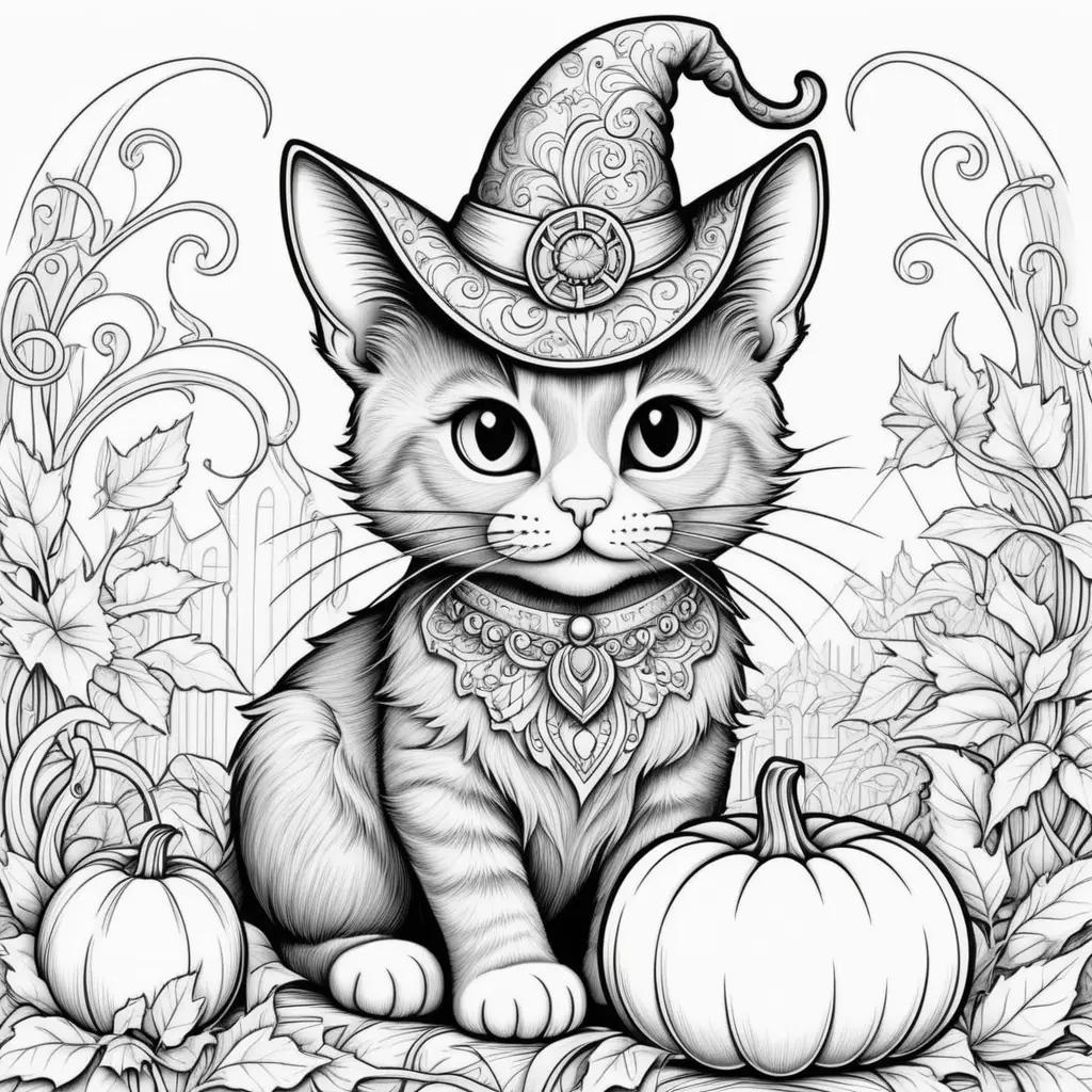 black and white Halloween cat coloring page with a witch hat