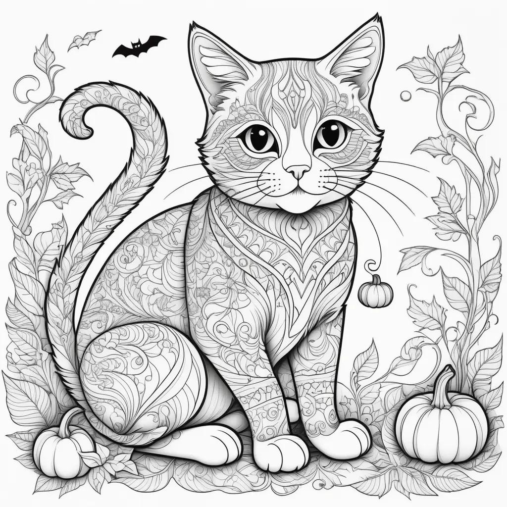 black and white Halloween cat coloring page with bats and pumpkins