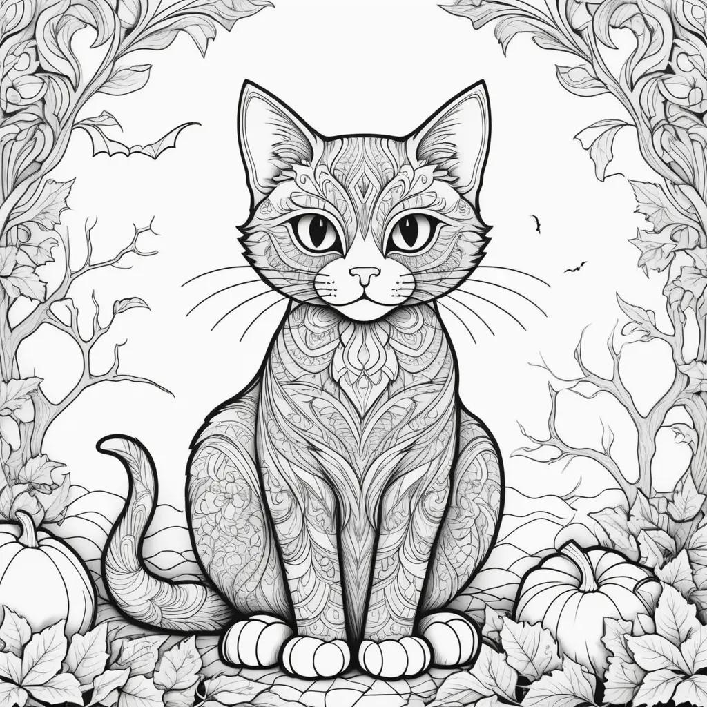 black and white Halloween cat coloring page with bats and pumpkins