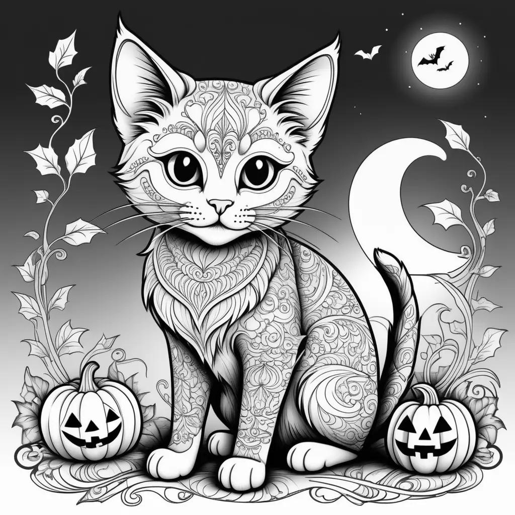 black and white Halloween cat coloring page with pumpkins