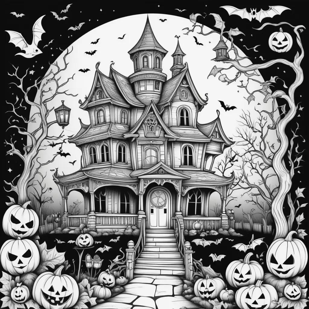 black and white Halloween color page features a house, pumpkins, bats, and a moon