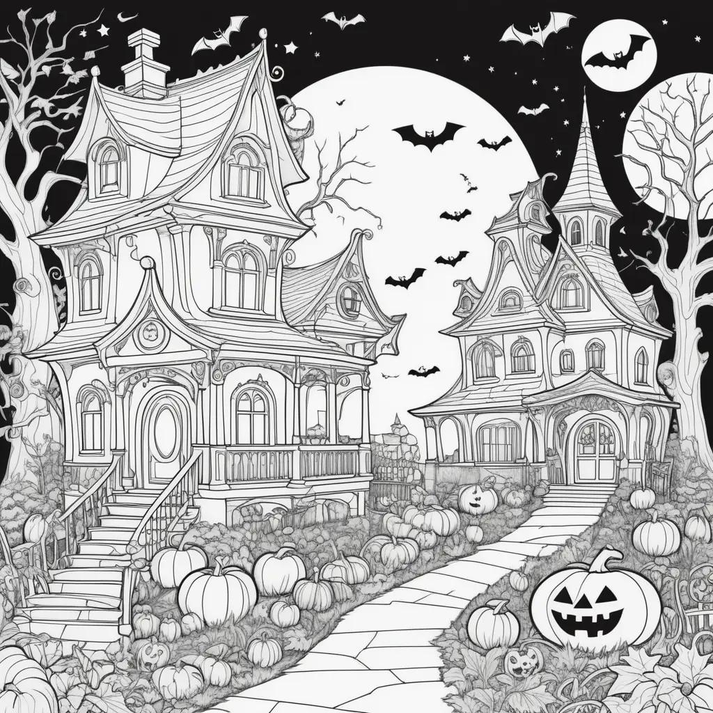 black and white Halloween coloring book page features a house, bats, pumpkins, and a moon