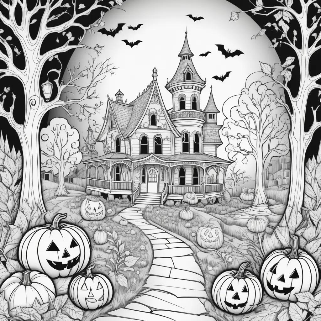 black and white Halloween coloring book page with a pumpkin and a house