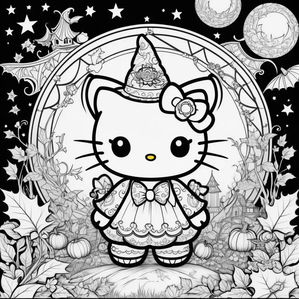 black and white Halloween coloring page featuring Hello Kitty