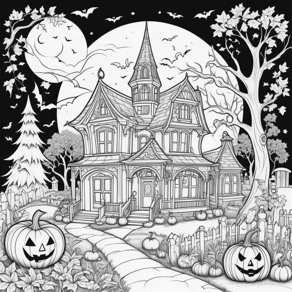 black and white Halloween coloring page with a tree, pumpkin and house