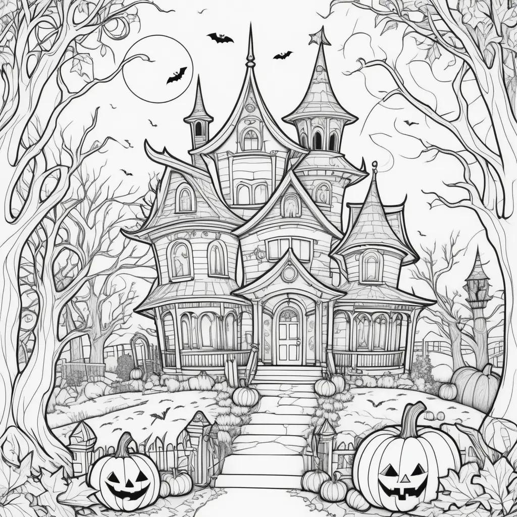 black and white Halloween coloring page with pumpkins and a castle