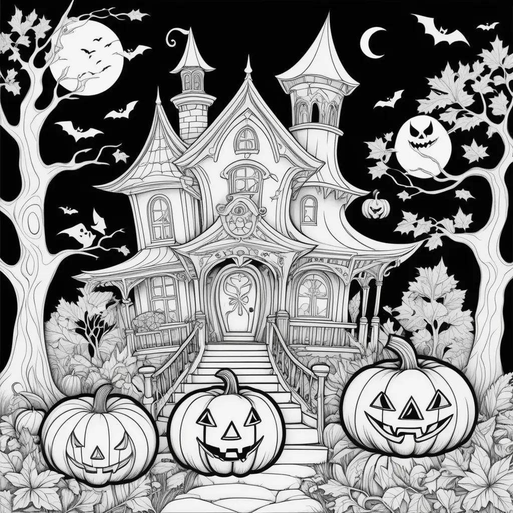 black and white Halloween coloring page with pumpkins and bats