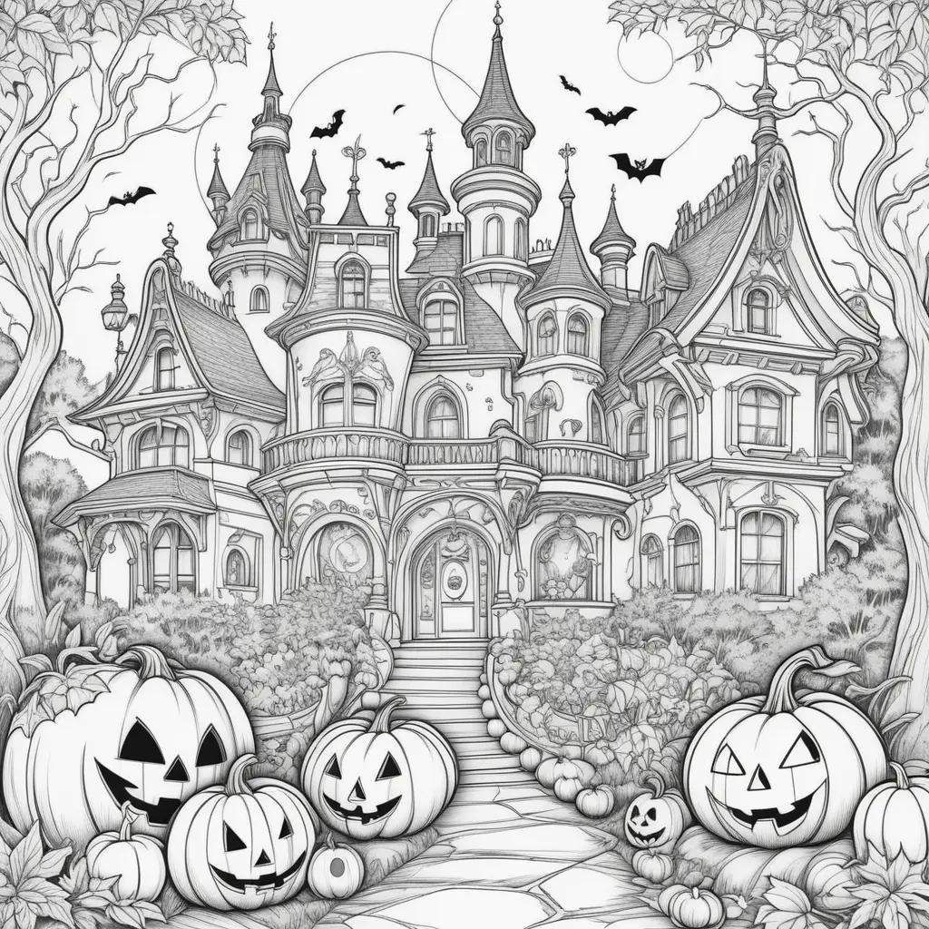 black and white Halloween drawing of a castle with pumpkins