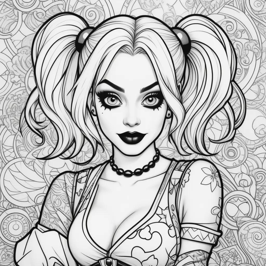 black and white Harley Quinn coloring page with a pink bow