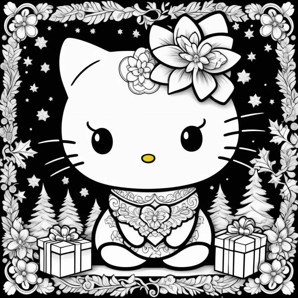 black and white Hello Kitty Christmas coloring page with presents and stars