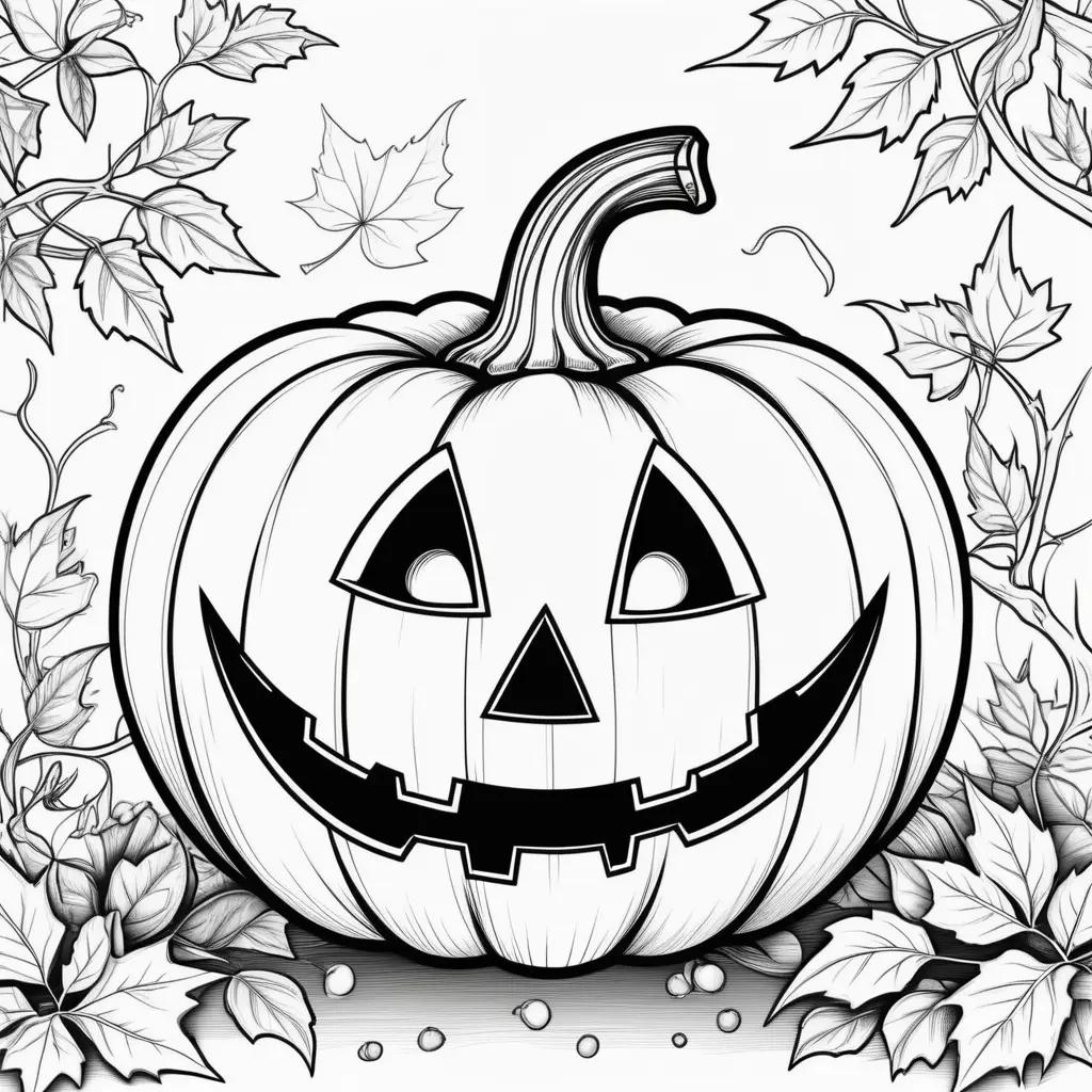 black and white Jack-o-lantern coloring page with leaves