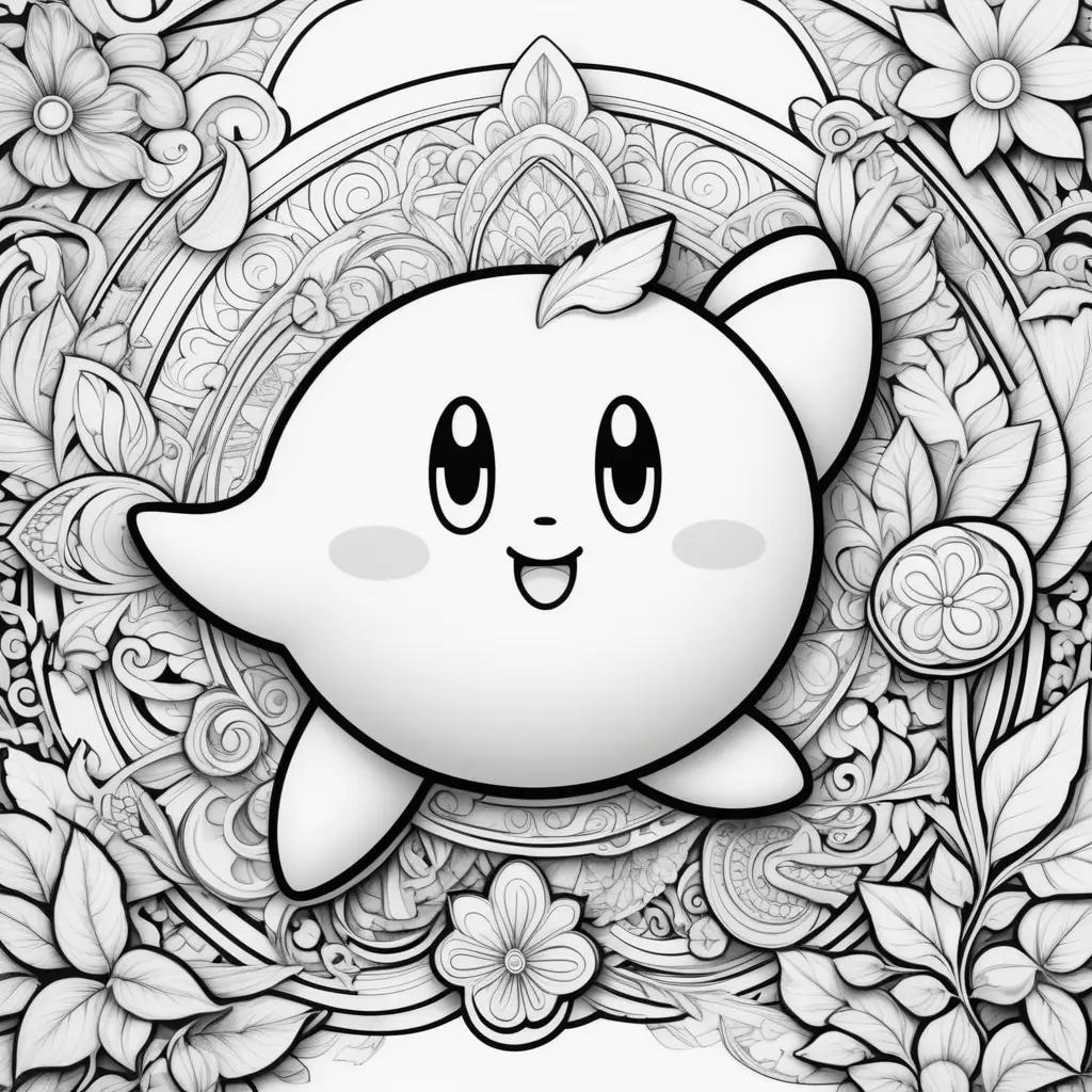 black and white Kirby coloring page with floral background