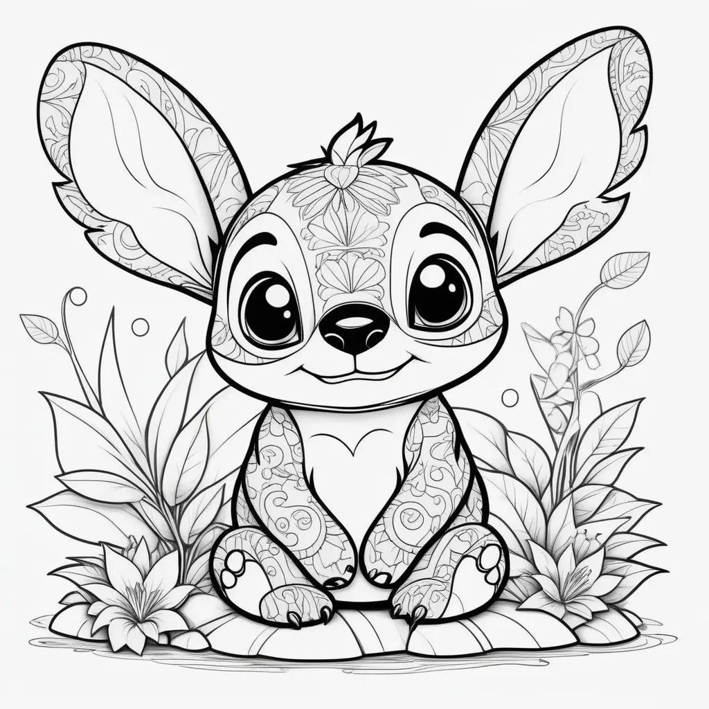 black and white Lilo Stitch coloring page with floral patterns