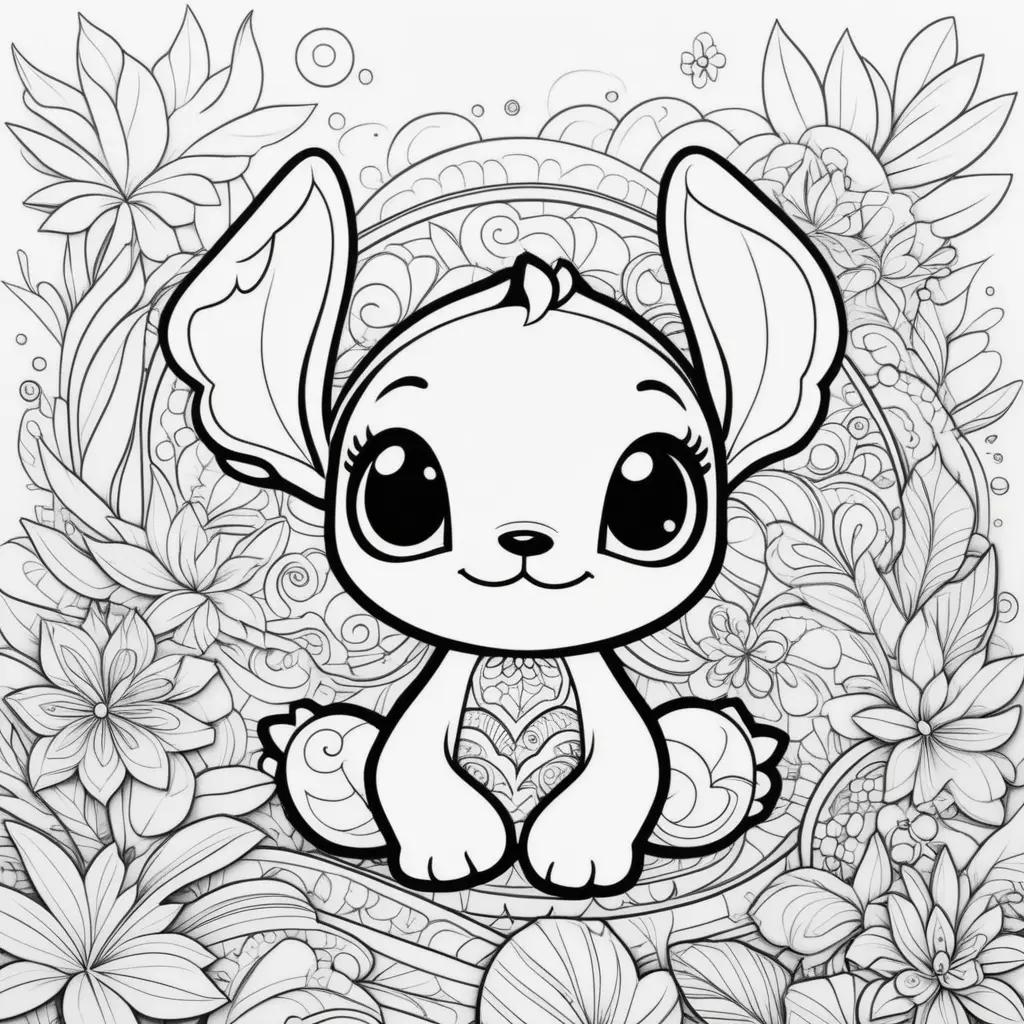 black and white Lilo coloring page with flowers and a bunny